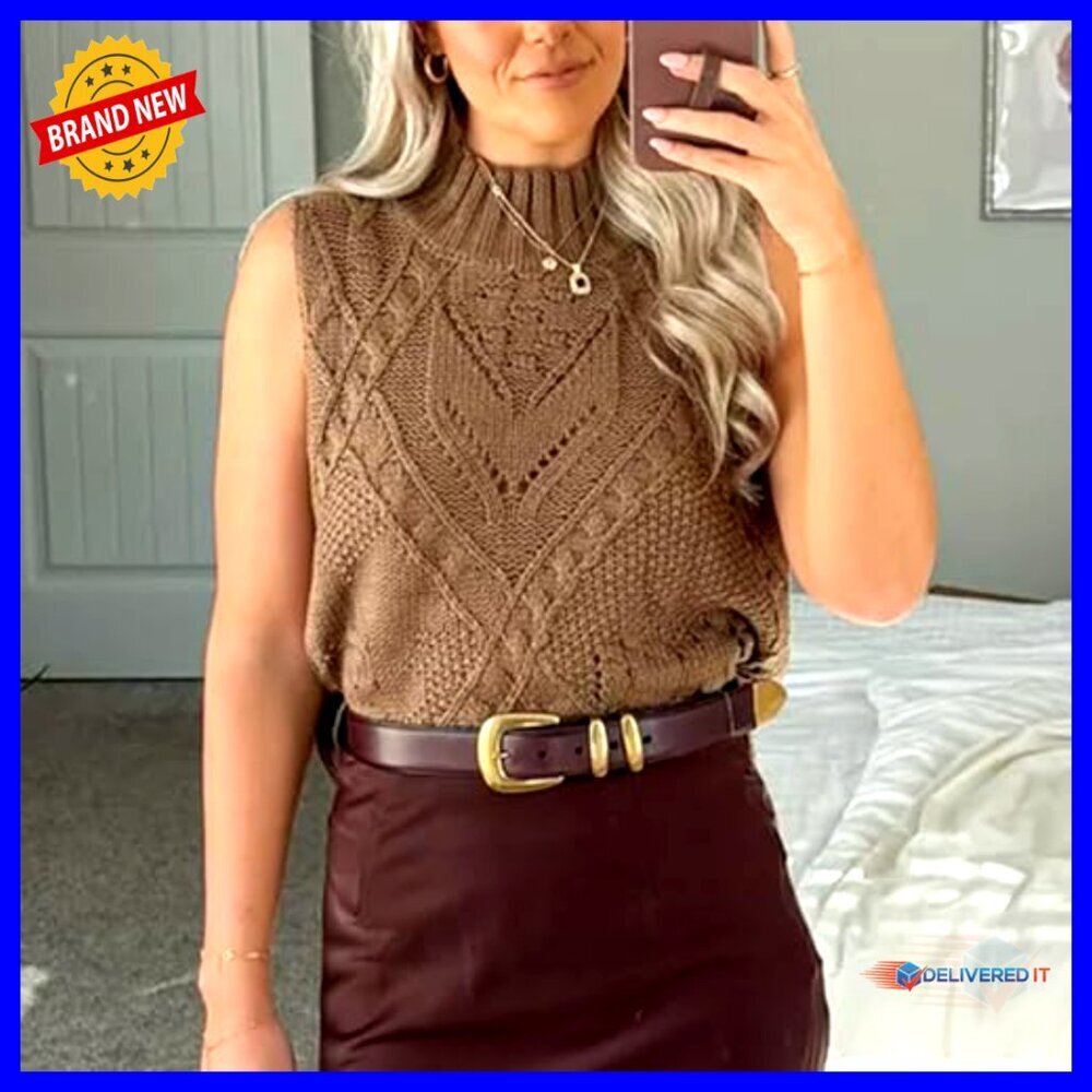 Turtleneck Crochet Sweater Vest Lightweight Knit Sleeveless Pullover - Picture 5 of 7